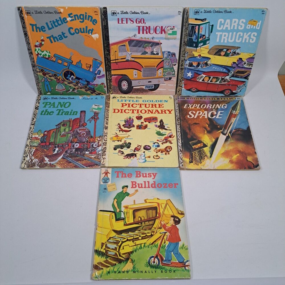 Vtg Lot 7 Little Golden Books 60s Engine Train Space Trucks Picture Bulldozer